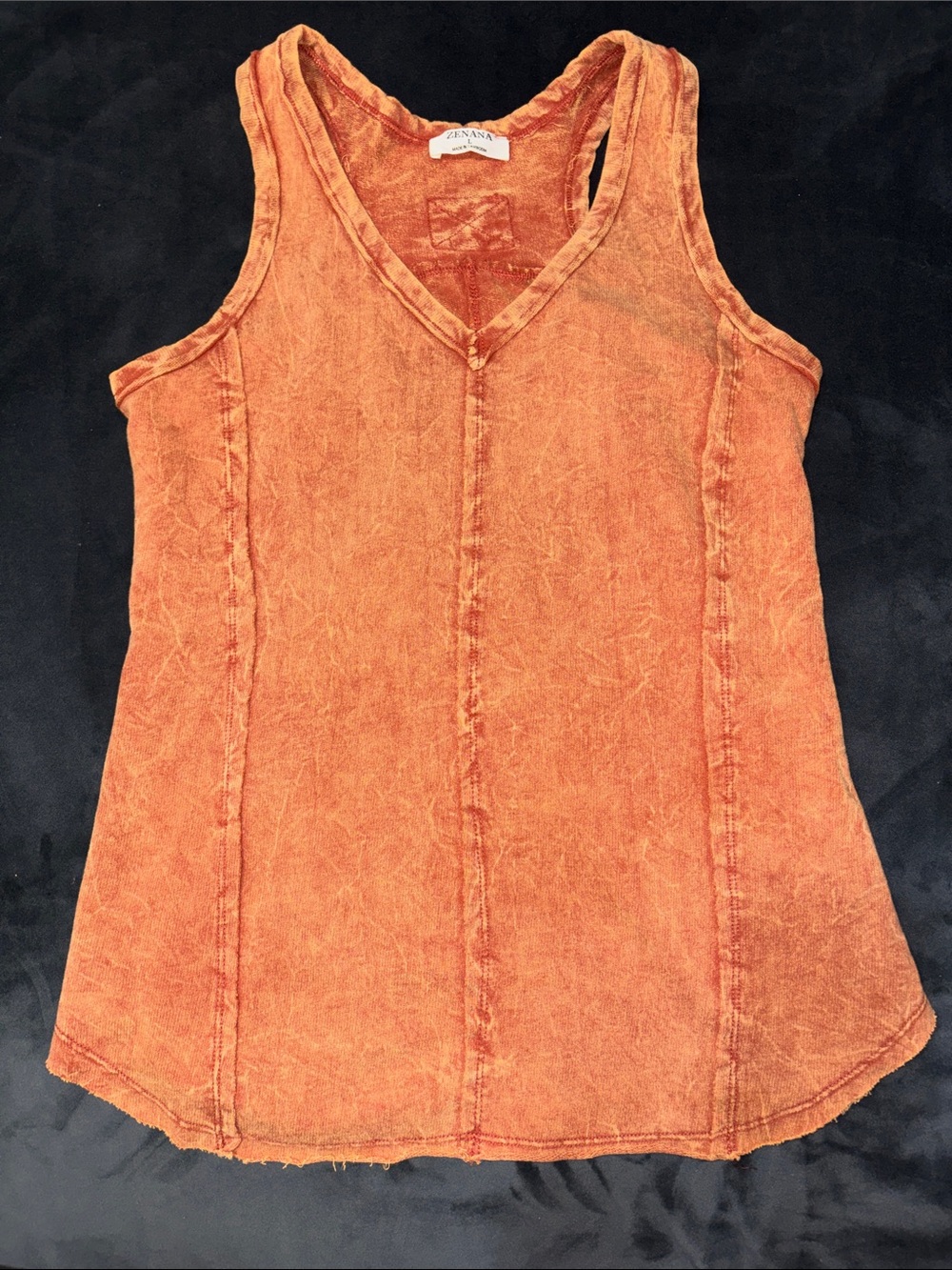 Zenana Crinkle Washed French Terry Raw Edge Tank Top in Rust
